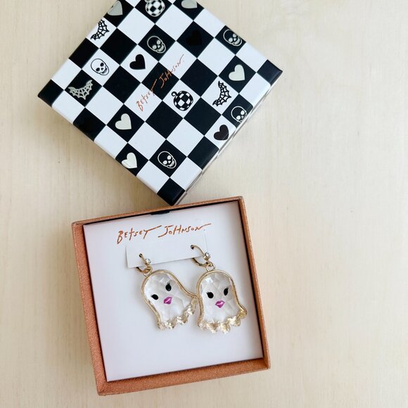 NIB Betsey Johnson Gold Tone & Clear Acrylic Ghost Drop Earrings x2 NEW - Picture 3 of 6